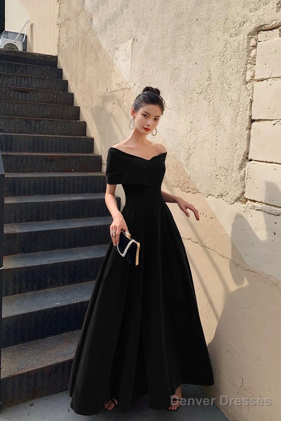 Black V-Neck Velvet Floor Length Prom Dress, Black Evening Party Dress Main image