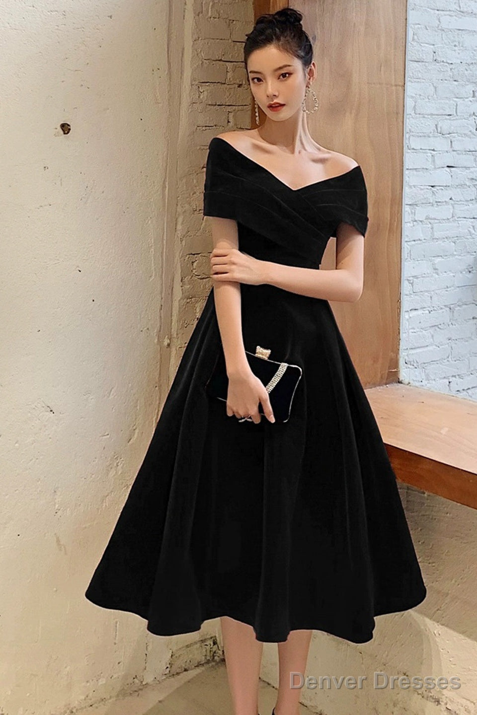 Black V-Neck Velvet Knee Length Prom Dress, Black Evening Party Dress Main image