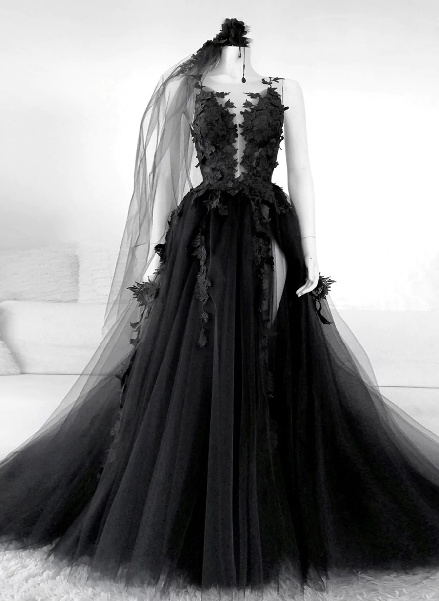 Black V-Neckline Backless Tulle With Lace Party Dress, Black Long Prom Dress