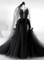 Black V-Neckline Backless Tulle With Lace Party Dress, Black Long Prom Dress