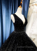 Black V-neckline Shiny Tulle Beaded Sweet 16 Dress, Black Formal Dress