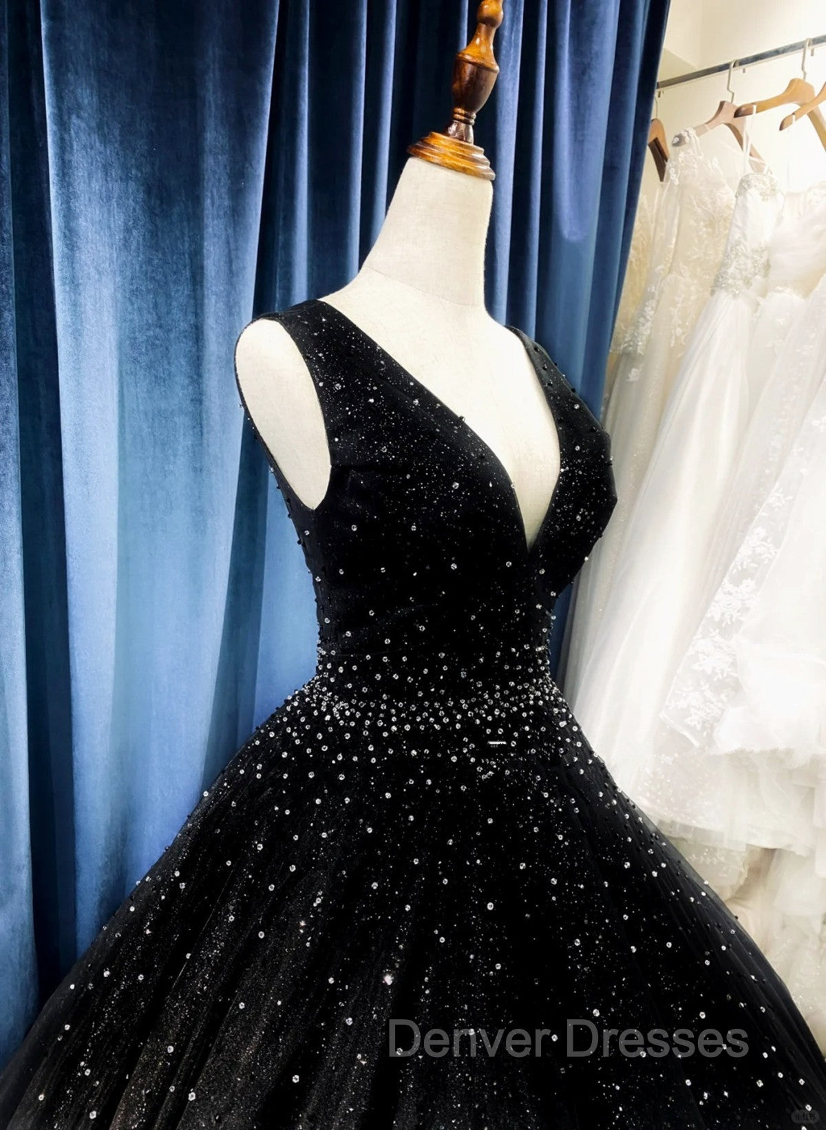 Black V-neckline Shiny Tulle Beaded Sweet 16 Dress, Black Formal Dress