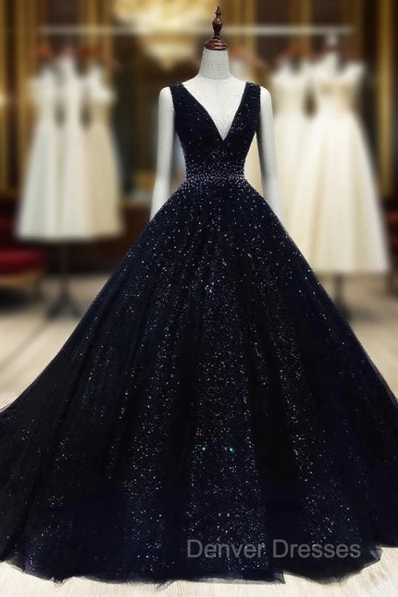 Black V-neckline Shiny Tulle Beaded Sweet 16 Dress, Black Formal Dress