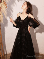 Black V-Neckline Straps A-Line Long Lace-Up Prom Dress, Black Formal Dress