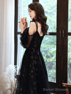 Black V-Neckline Straps A-Line Long Lace-Up Prom Dress, Black Formal Dress