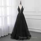 Black V-neckline Tulle and Satin Long Straps Cross Back Prom Dress, Floor Length Evening Dress