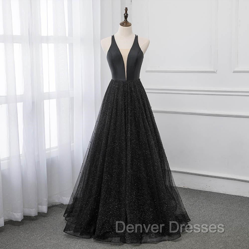 Black V-neckline Tulle and Satin Long Straps Cross Back Prom Dress, Floor Length Evening Dress