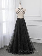 Black V-neckline Tulle and Satin Long Straps Cross Back Prom Dress, Floor Length Evening Dress