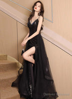 Black V-Neckline Tulle And Sequins Long Party Dress, Black Evening Dress Party Dress