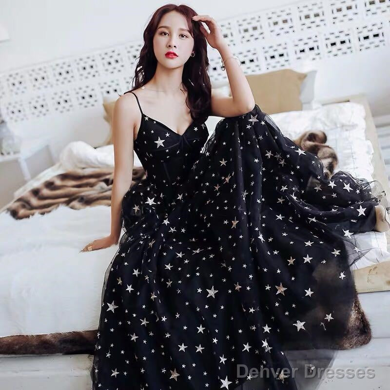 Black V-Neckline Tulle Straps Low Back Long Evening Dress Prom Dress, Black Formal Dresses Secondary image