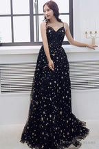 Black V-Neckline Tulle Straps Low Back Long Evening Dress Prom Dress, Black Formal Dresses