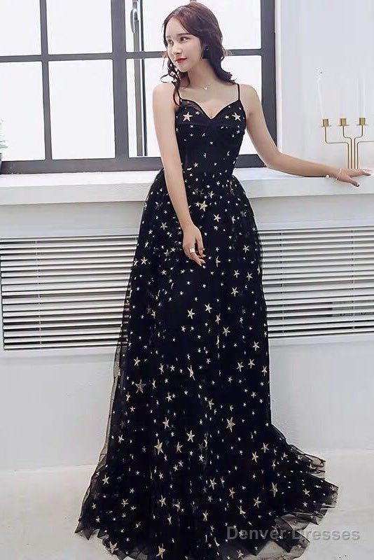 Black V-Neckline Tulle Straps Low Back Long Evening Dress Prom Dress, Black Formal Dresses