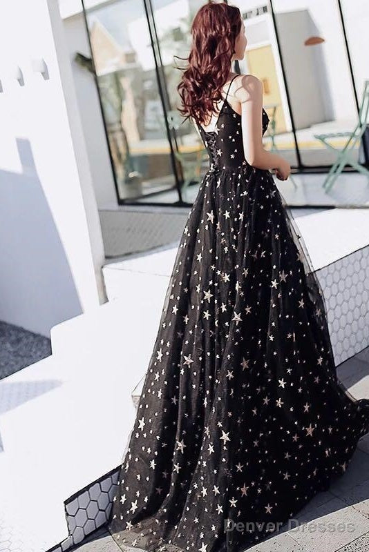 Black V-Neckline Tulle Straps Low Back Long Evening Dress Prom Dress, Black Formal Dresses