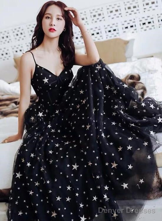 Black V-Neckline Tulle Straps Low Back Long Evening Dress Prom Dress, Black Formal Dresses