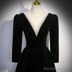Black Velvet A Line Prom Dress Elegant V Neck Evening Dress