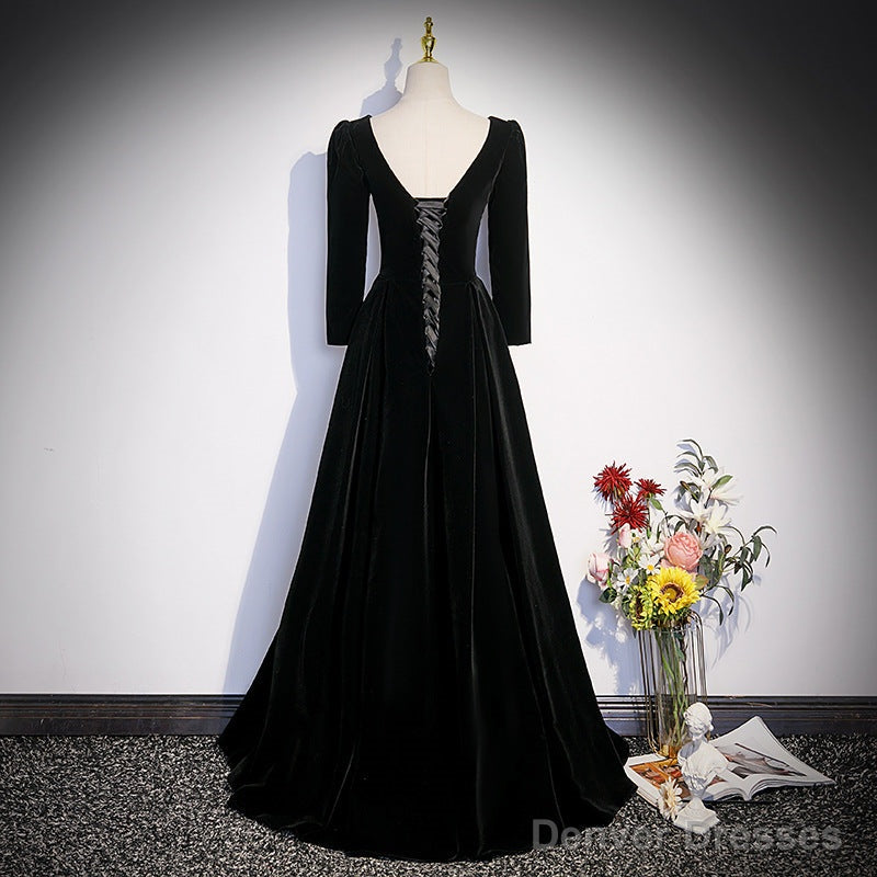 Black Velvet A Line Prom Dress Elegant V Neck Evening Dress