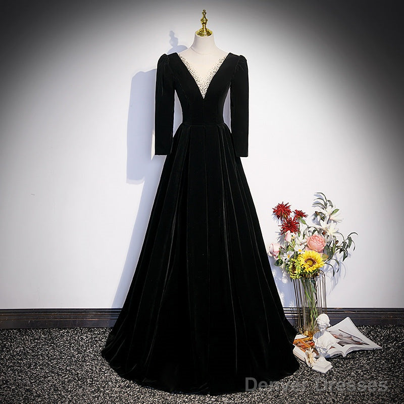 Black Velvet A Line Prom Dress Elegant V Neck Evening Dress