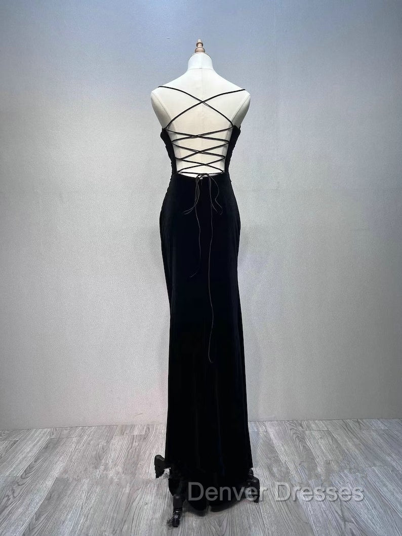 Black Velvet A-line Straps Wedding Party Dress, Black Long Evening Dress Prom Dress Secondary image
