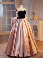 Black Velvet And Pink Satin Floor Length Prom Dress, Beautiful A-Line Strapless Party Dress