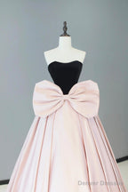 Black Velvet And Pink Satin Floor Length Prom Dress, Beautiful Strapless Evening Party Dress