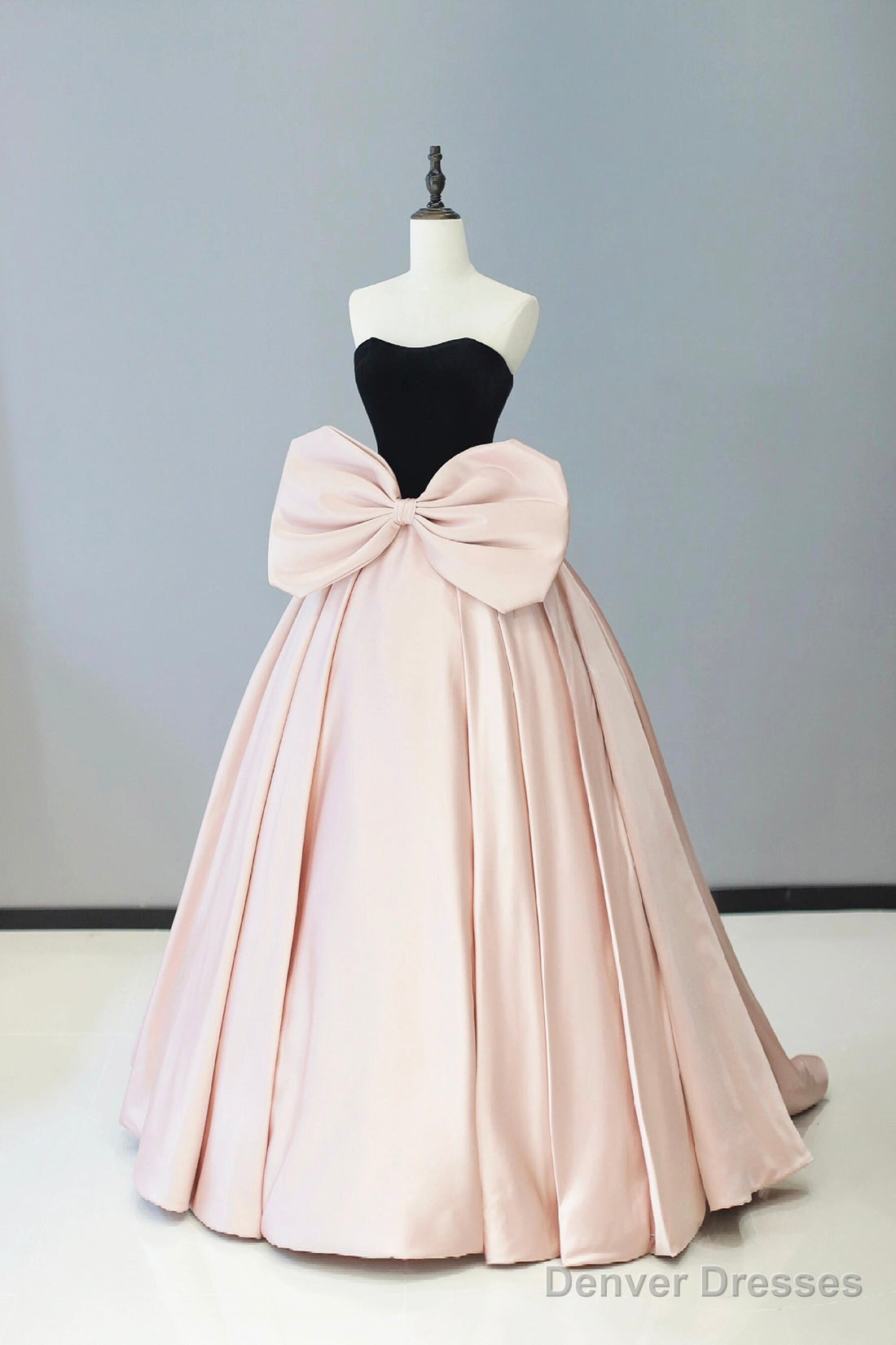 Black Velvet And Pink Satin Floor Length Prom Dress, Beautiful Strapless Evening Party Dress