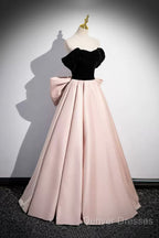Black Velvet And Pink Satin Long Prom Dress, Beautiful A-Line Evening Party Dress With Bow