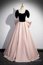 Black Velvet And Pink Satin Long Prom Dress, Beautiful A-Line Evening Party Dress With Bow