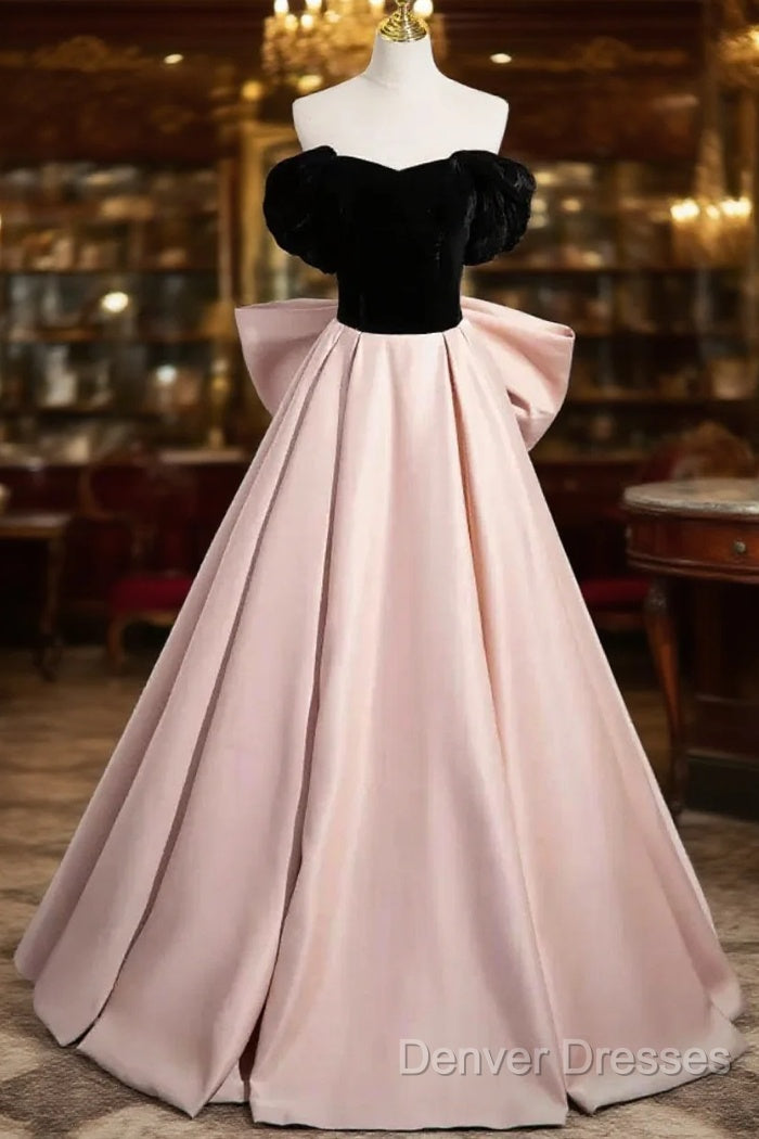 Black Velvet And Pink Satin Long Prom Dress, Beautiful A-Line Evening Party Dress With Bow