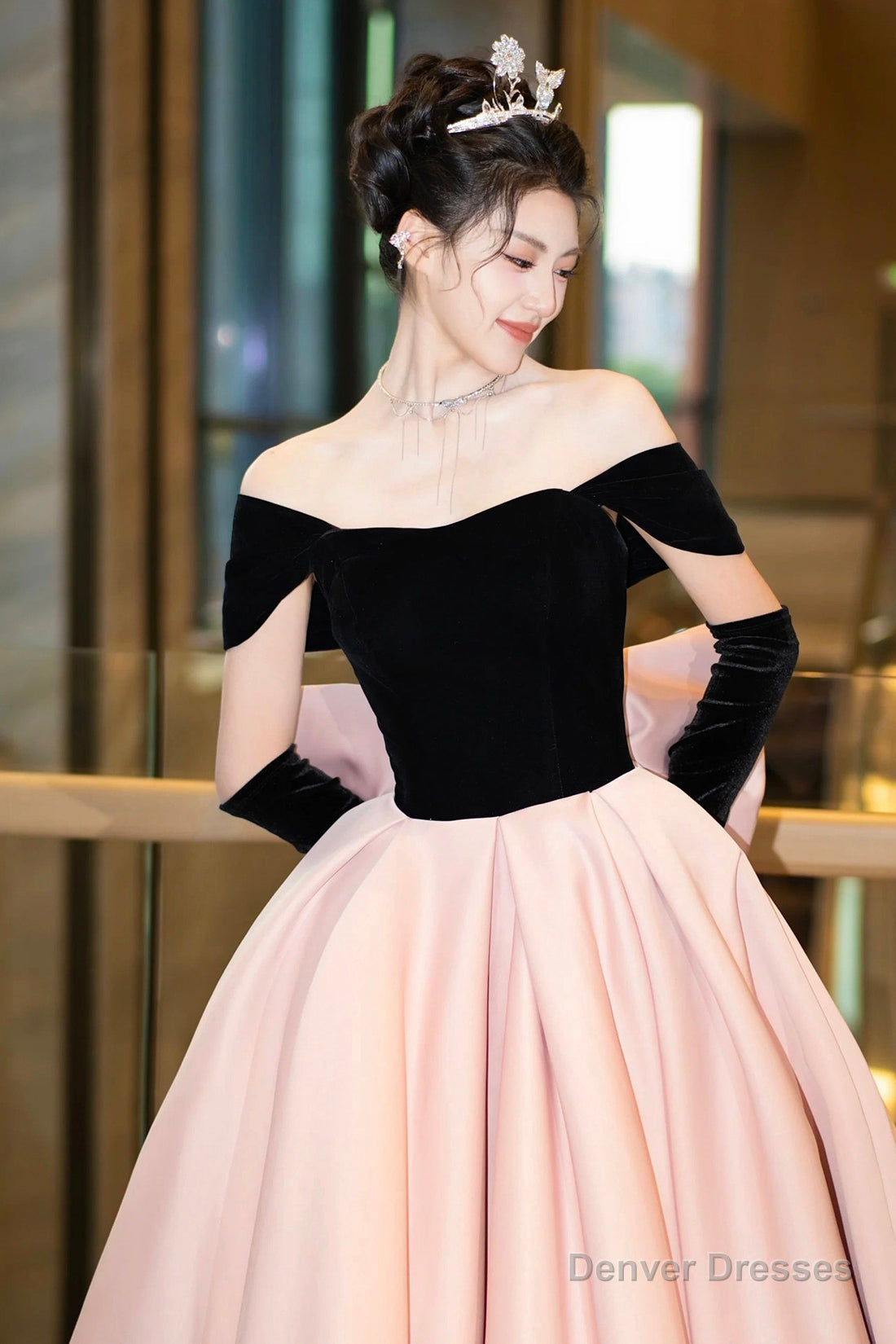 Black Velvet and Pink Satin Long Prom Dress, Off the Shoulder Evening Party Dress Secondary image