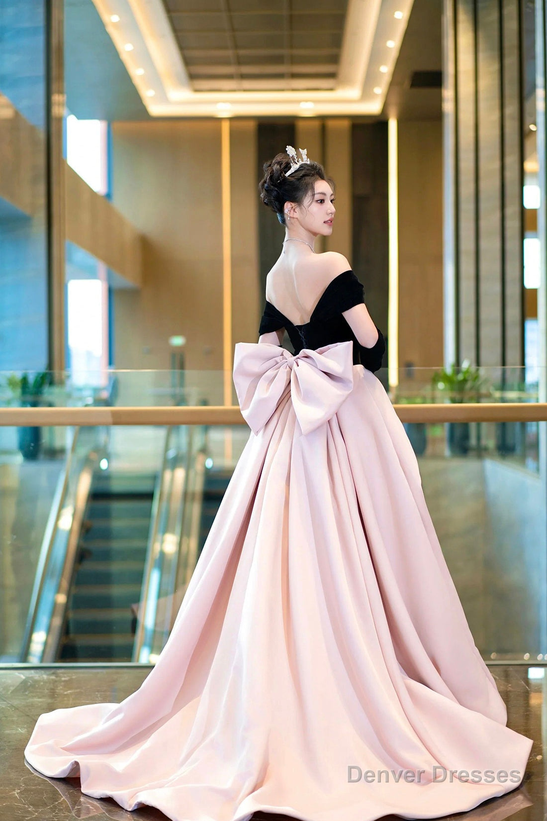 Black Velvet and Pink Satin Long Prom Dress, Off the Shoulder Evening Party Dress
