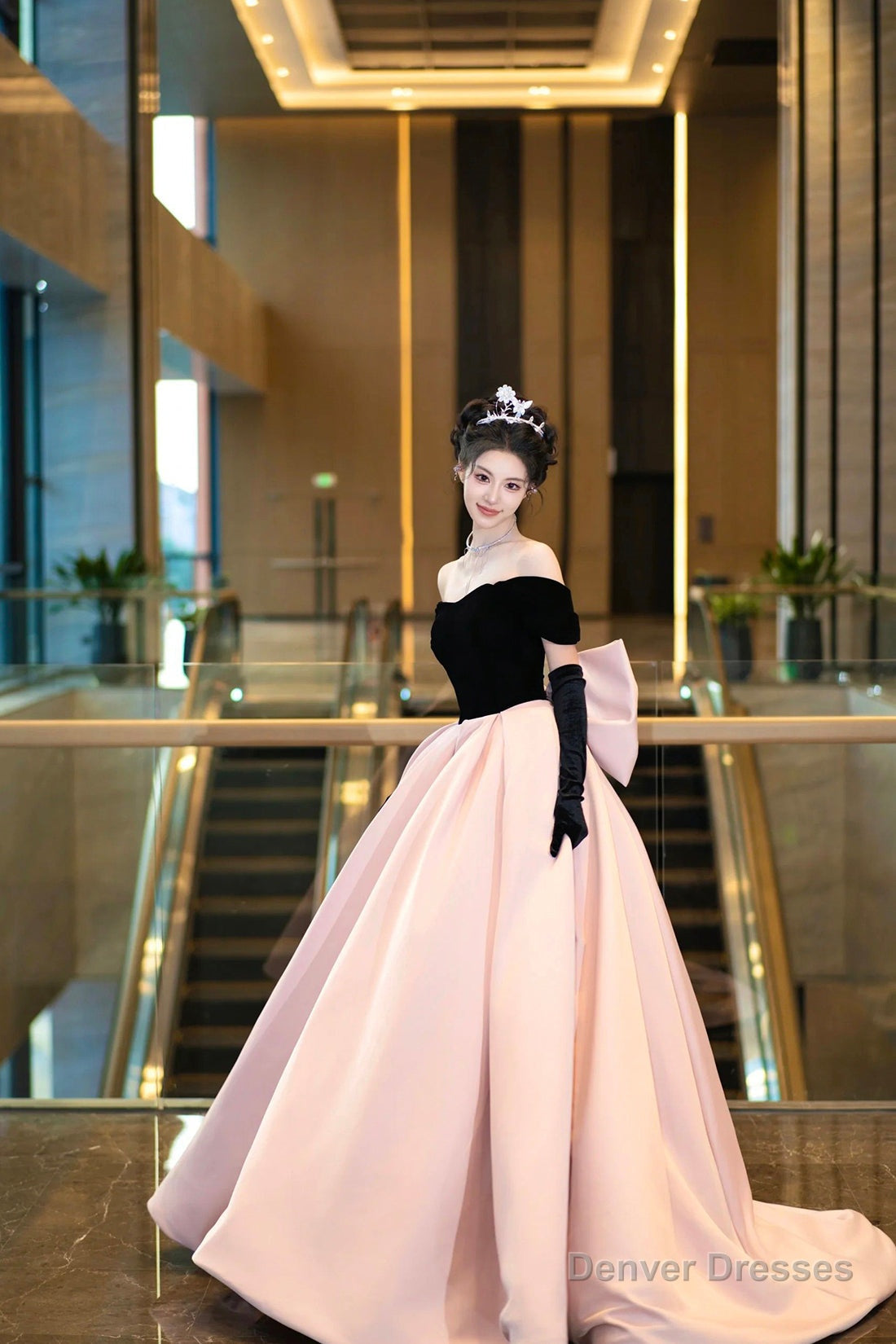 Black Velvet and Pink Satin Long Prom Dress, Off the Shoulder Evening Party Dress Main image