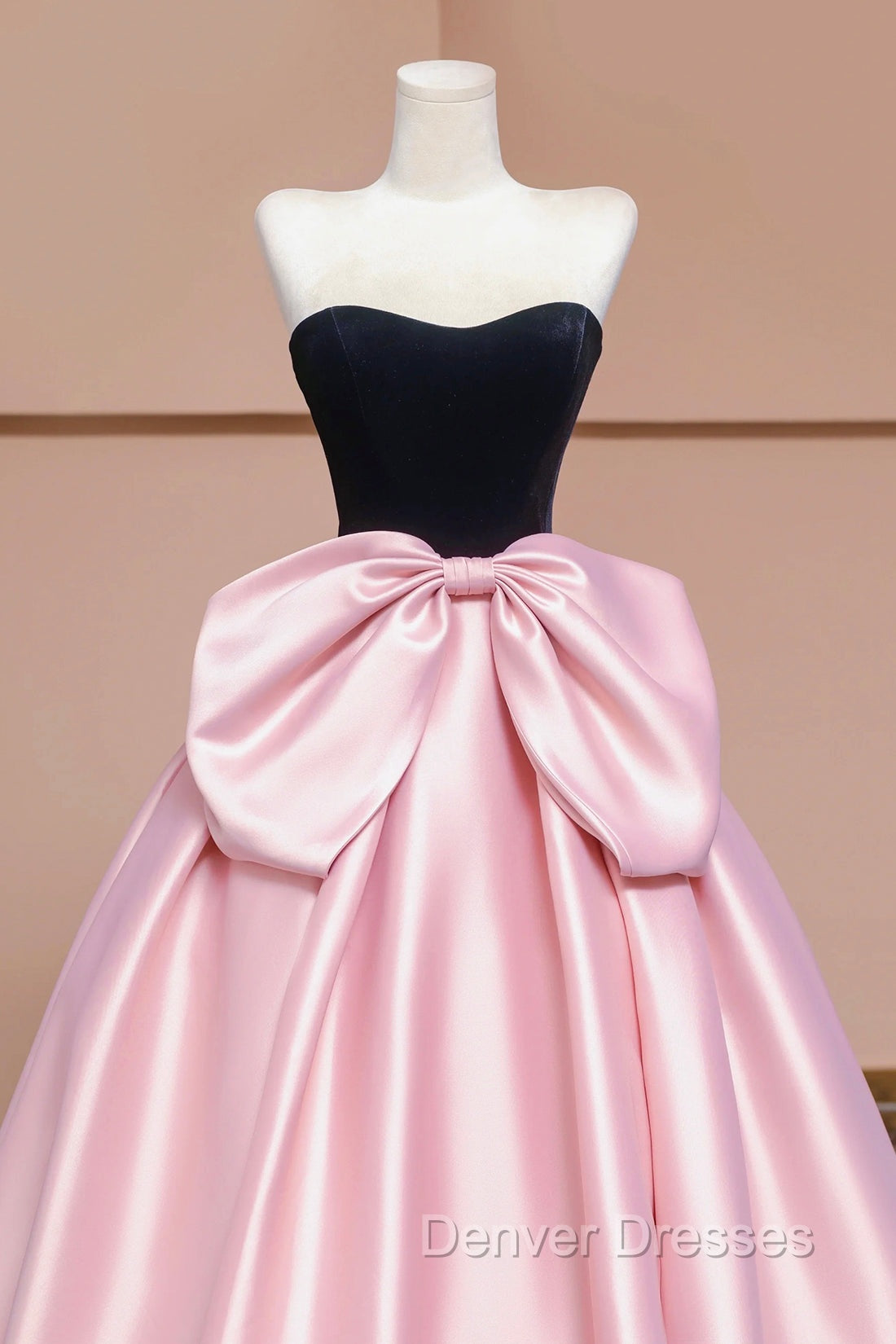 Black Velvet and Pink Satin Long Prom Dress with Bow, Beautiful A-Line Strapless Formal Party Dress Secondary image