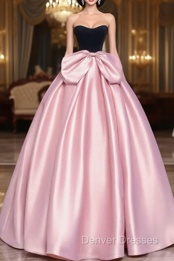 Black Velvet and Pink Satin Long Prom Dress with Bow, Beautiful A-Line Strapless Formal Party Dress Main image