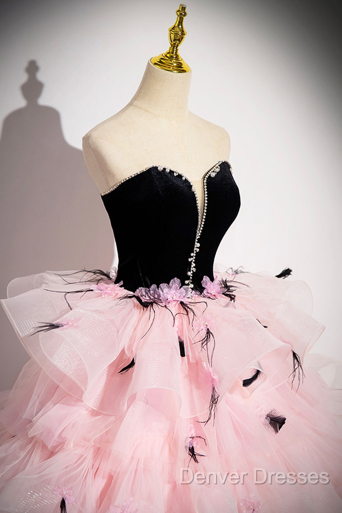 Black Velvet And Pink Tulle Strapless Ball Gown, Pink Backless Ruffles Formal Evening Dress Secondary image