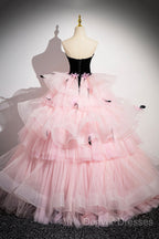 Black Velvet And Pink Tulle Strapless Ball Gown, Pink Backless Ruffles Formal Evening Dress