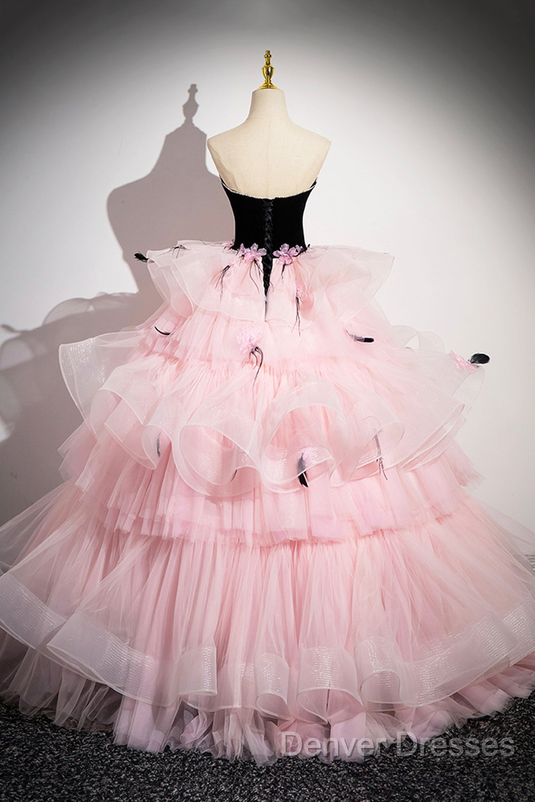 Black Velvet And Pink Tulle Strapless Ball Gown, Pink Backless Ruffles Formal Evening Dress