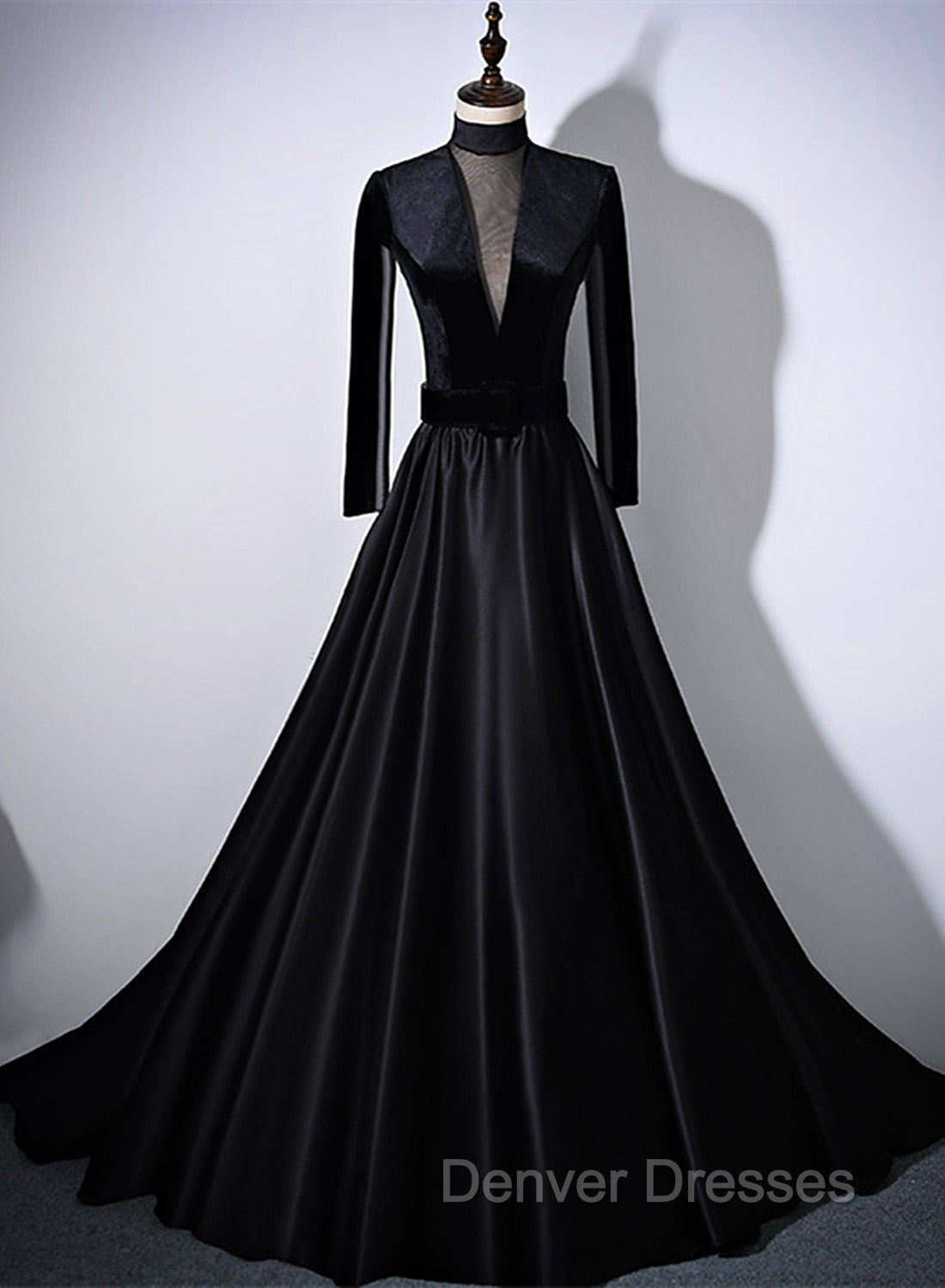 Black Velvet and Satin Long Sleeves See Through Back Formal Dress, Black Evening Dress Secondary image