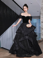 Black Velvet And Tulle Long Party Dress, Black A-Line Evening Dress Party Dress