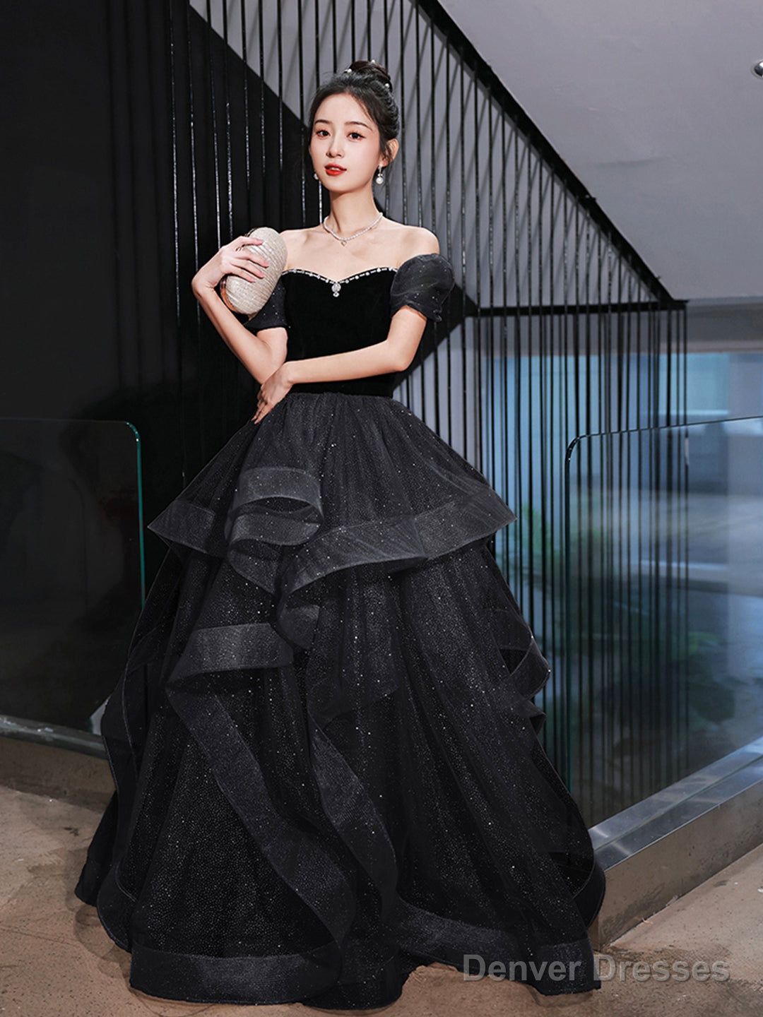Black Velvet And Tulle Long Party Dress, Black A-Line Evening Dress Party Dress