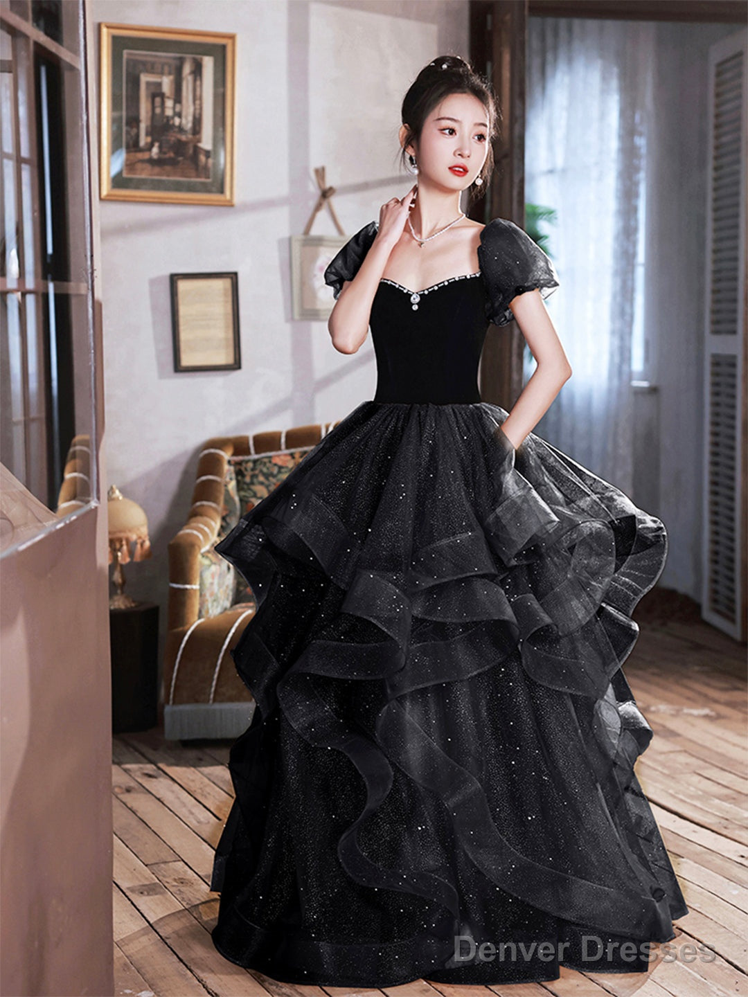 Black Velvet And Tulle Long Party Dress, Black A-Line Evening Dress Party Dress Main image
