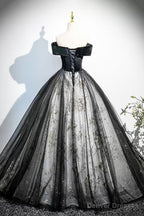 Black Velvet And Tulle Long Prom Dress, Elegant Off The Shoulder Party Dress