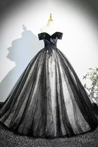 Black Velvet And Tulle Long Prom Dress, Elegant Off The Shoulder Party Dress