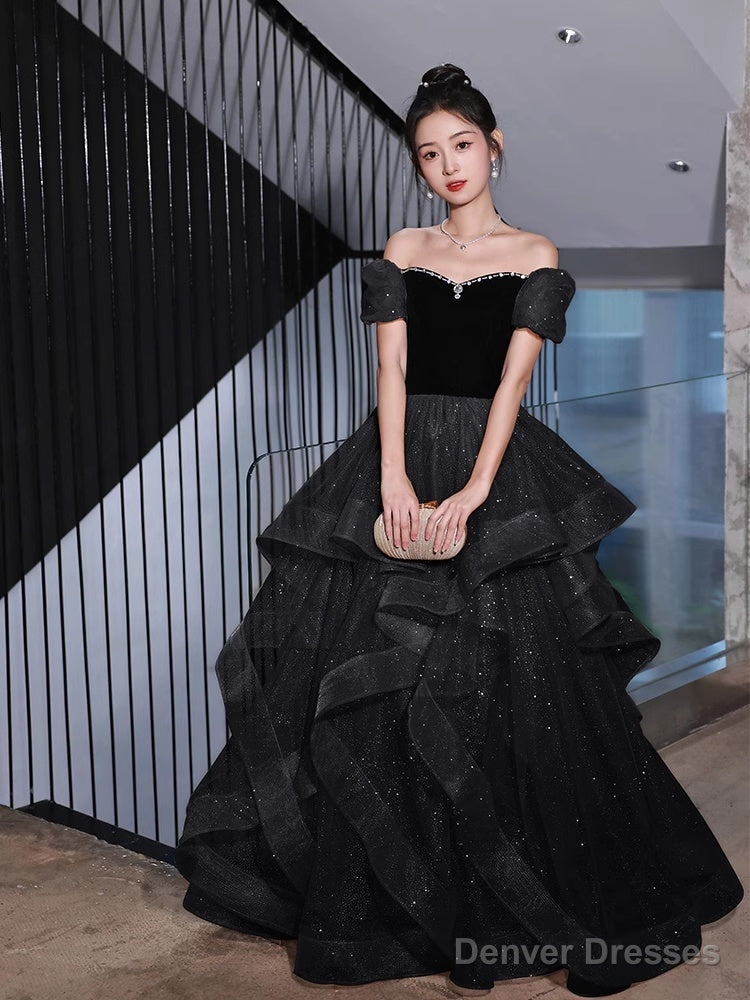 Black Velvet And Tulle Off Shoulder Long Formal Dress, Black Evening Dress Party Dress Secondary image