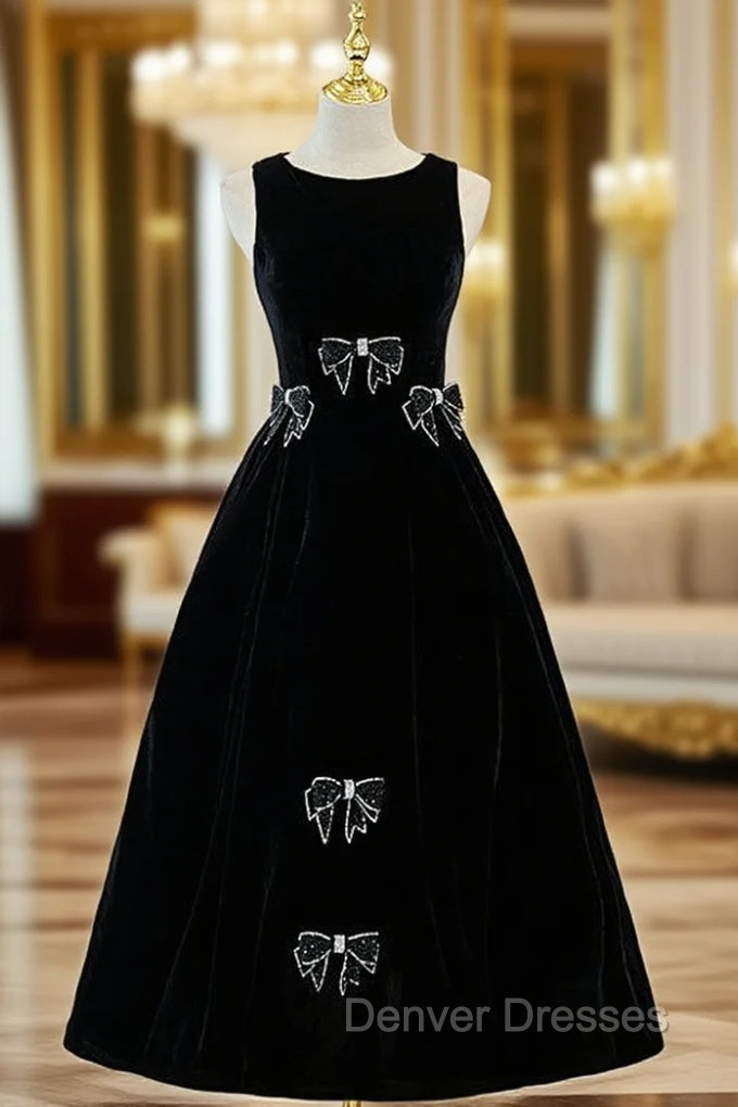 Black Velvet Backless Tea Length Beading Prom Dress