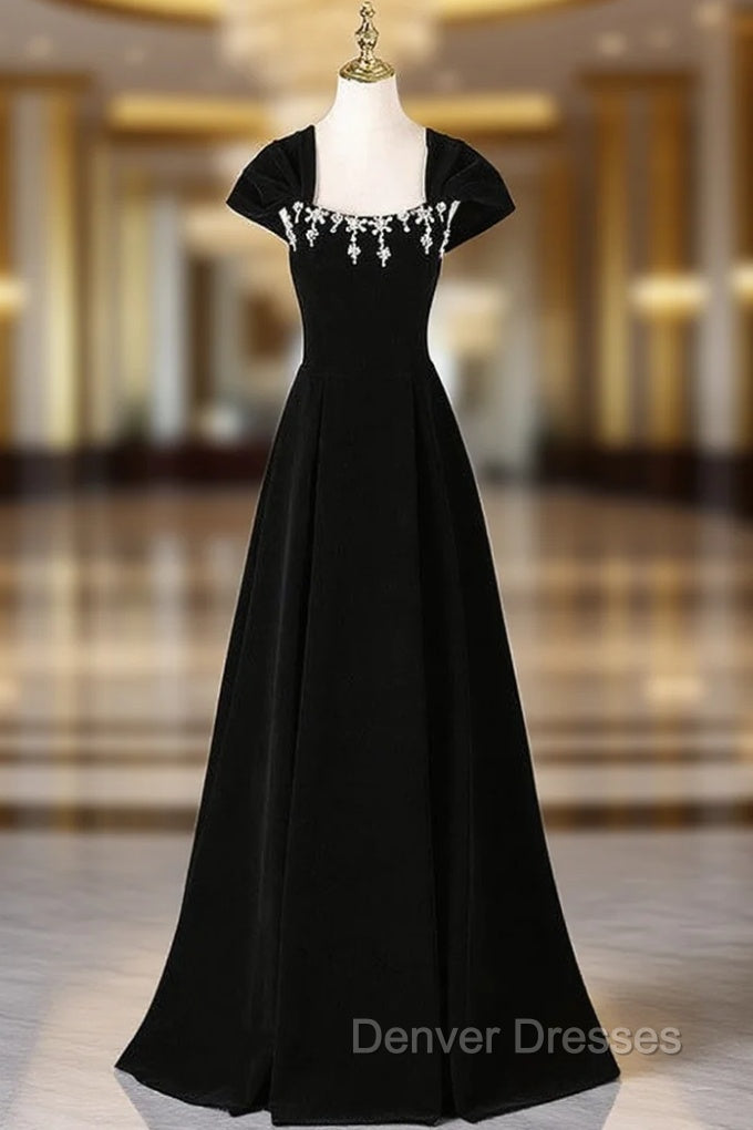Black Velvet Bead Crystal Prom Dress