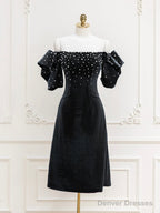 Black Velvet Beads Short Prom Dress, Black Evening Dress
