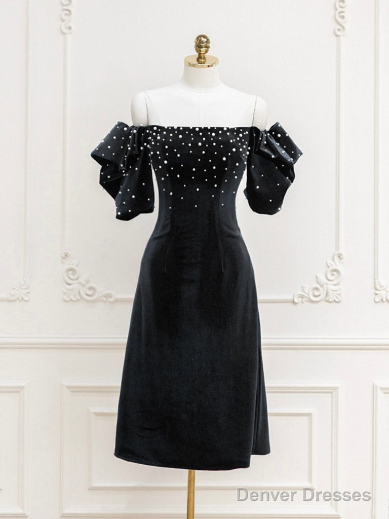Black Velvet Beads Short Prom Dress, Black Evening Dress Secondary image