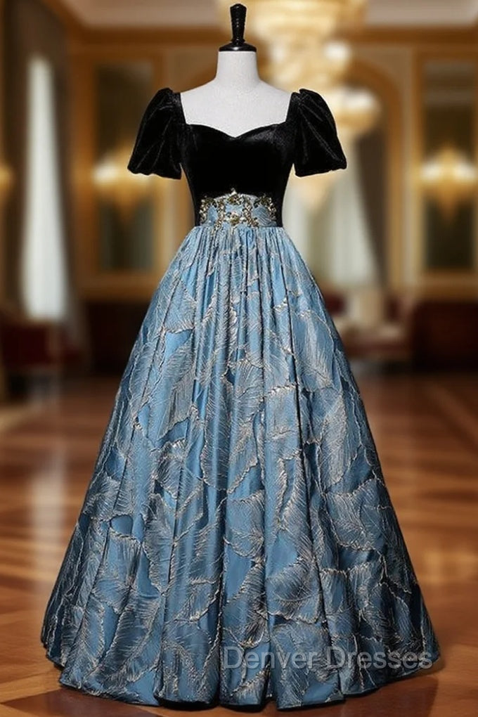 Black Velvet Blue Leaf Short Sleeve Prom Dress Main image