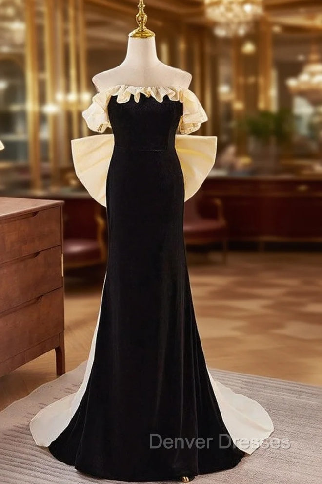 Black Velvet Champagne Bow Strapless Prom Dress