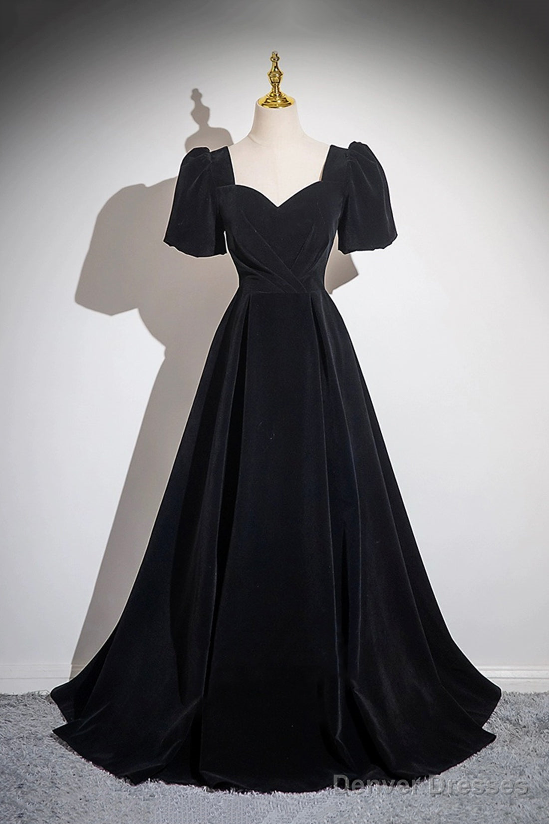 Black Velvet Floor Length Prom Dress, A-Line Short Sleeve Evening Party Dress Main image